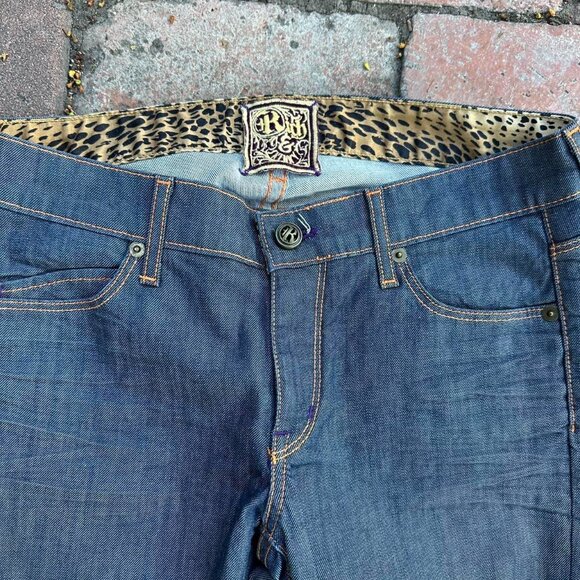 Rich & Rich Selvedge blue denim straight leg jeans with leopard print lining - Picture 3 of 8